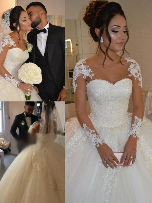 Gown Applique Court Sleeves Tulle Long Ball Scoop Train Wedding Dresses