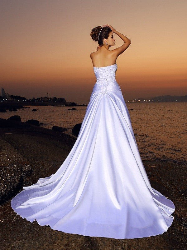 Gown Satin Strapless Sleeveless Beading Ball Long Beach Wedding Dresses