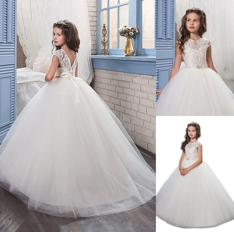 Tulle Scoop Ball Beading Floor-Length Gown Sleeveless Flower Girl Dresses