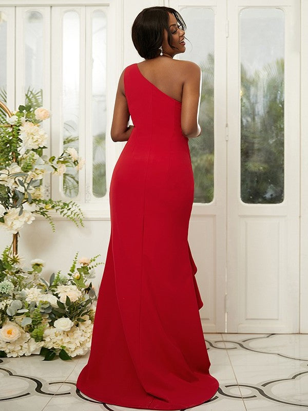 Crepe Ruched Sweep/Brush Sleeveless Sheath/Column One-Shoulder Stretch Train Bridesmaid Dresses