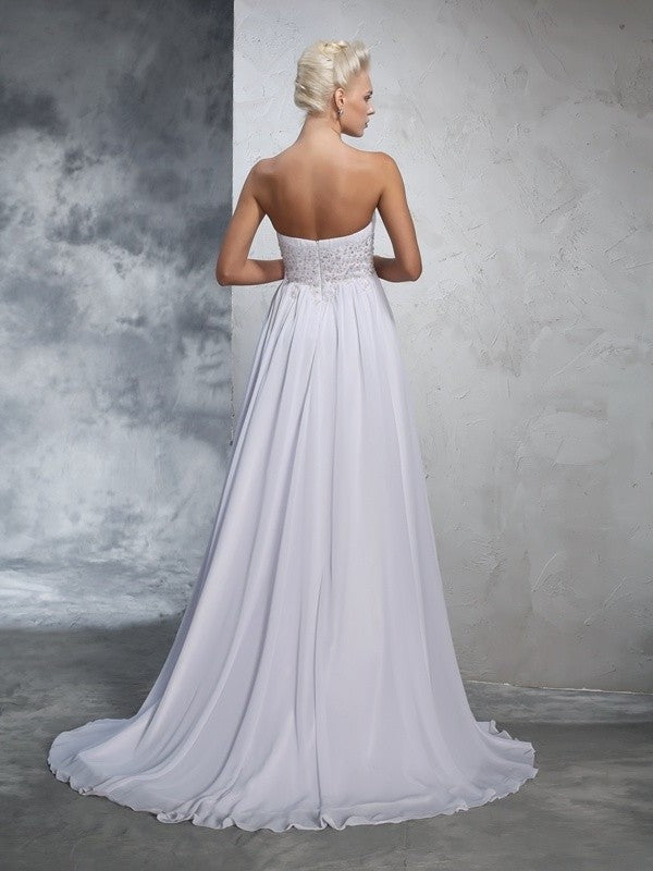 Sweetheart Sleeveless A-Line/Princess Long Beading Chiffon Wedding Dresses