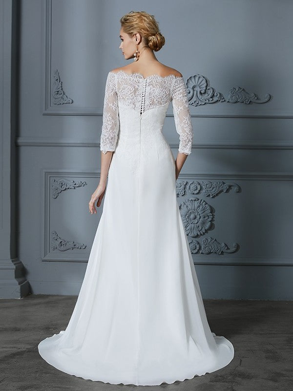 Sweep/Brush Sleeves Off-the-Shoulder 1/2 Train Trumpet/Mermaid Chiffon Wedding Dresses