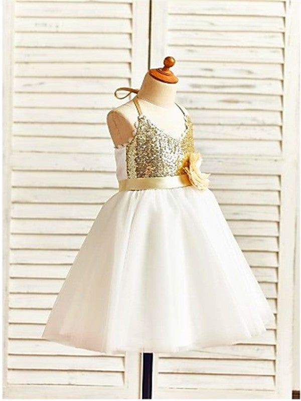 Halter Tea-Length A-line/Princess Sleeveless Sequin Tulle Flower Girl Dresses