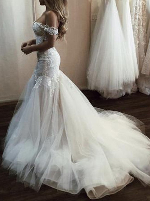 Tulle Trumpet/Mermaid Applique Off-the-Shoulder Sleeveless Sweep/Brush Train Wedding Dresses