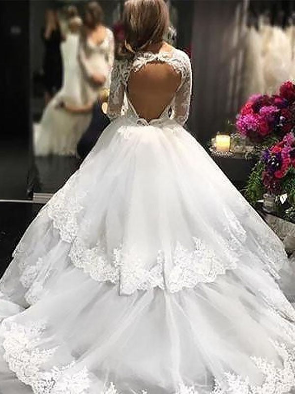 Gown Sleeves V-neck Court Tulle Long Ball Lace Train Wedding Dresses