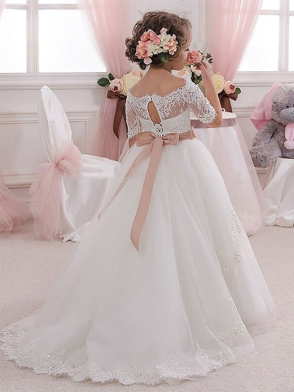 Tulle Ball Sleeves Off-the-Shoulder Short Gown Sash/Ribbon/Belt Flower Girl Dresses