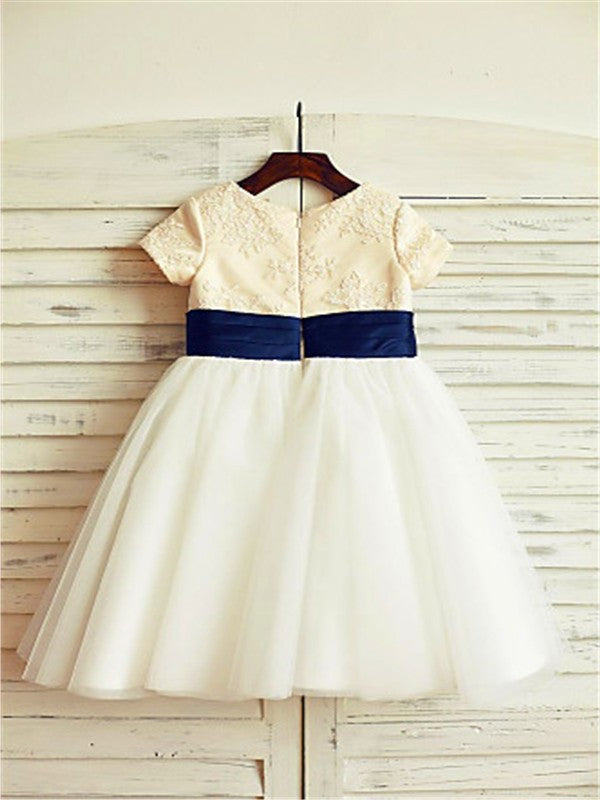 Short Tea-Length Tulle Sleeves Bowknot A-line/Princess Scoop Flower Girl Dresses