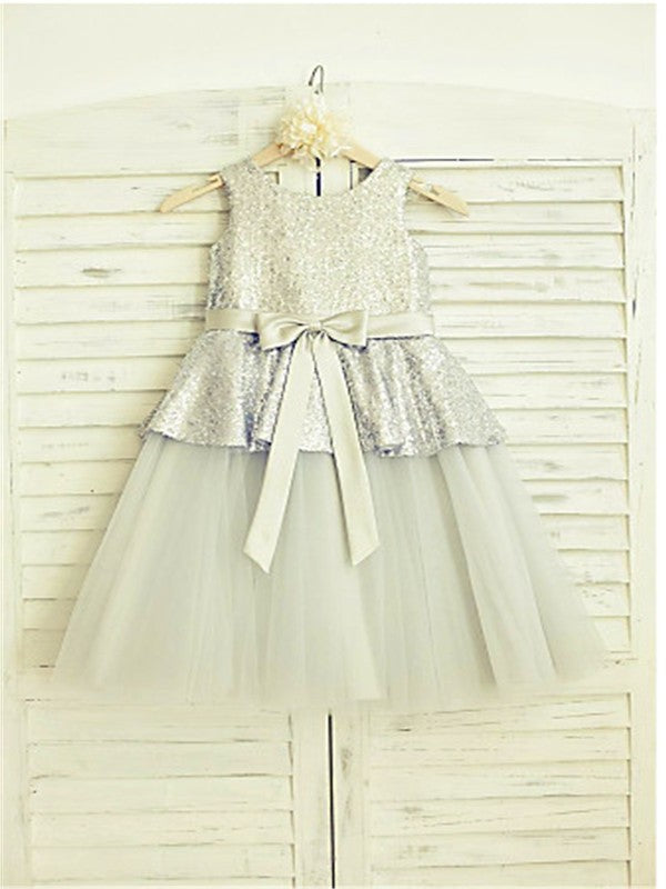 Scoop Sleeveless Tea-Length A-line/Princess Sequin Tulle Flower Girl Dresses