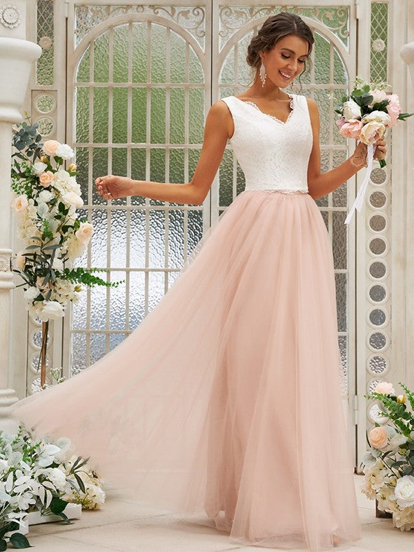 V-neck Tulle Lace Sleeveless A-Line/Princess Floor-Length Bridesmaid Dresses