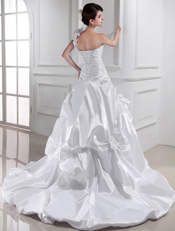 Sweetheart A-Line/Princess Pleats Sleeveless One-shoulder Long Woven Elastic Satin Wedding Dresses