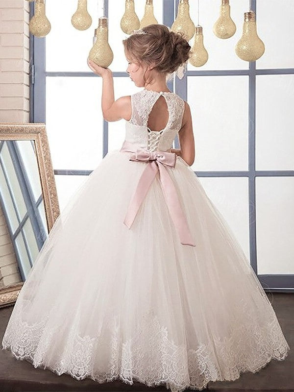 Sash/Ribbon/Belt Tulle Gown Floor-Length Ball Scoop Sleeveless Flower Girl Dresses