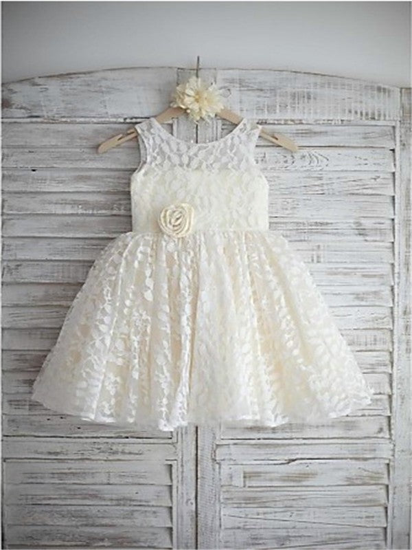 A-line/Princess Scoop Flower Hand-made Lace Tea-Length Sleeveless Flower Girl Dresses