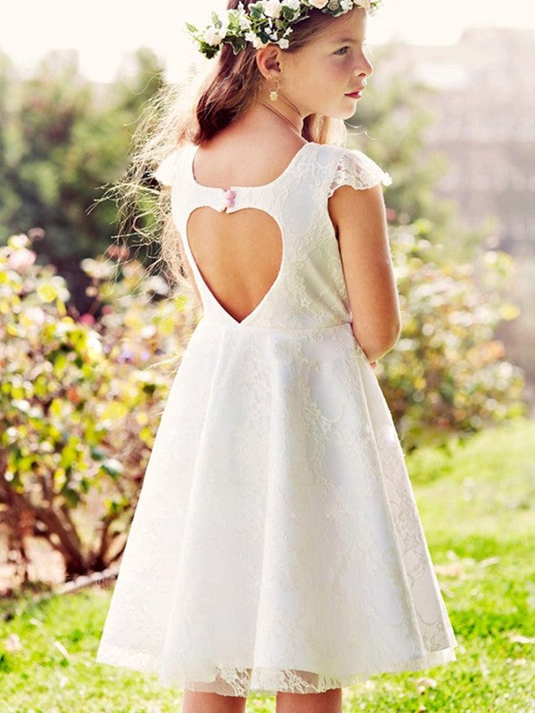 Knee-Length Applique Tulle Short Sleeves Scoop A-Line/Princess Flower Girl Dresses