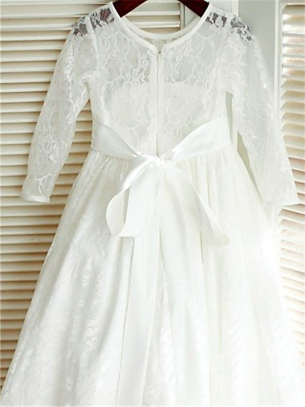 Lace Ankle-Length A-line/Princess Sleeves Long Bowknot Scoop Flower Girl Dresses