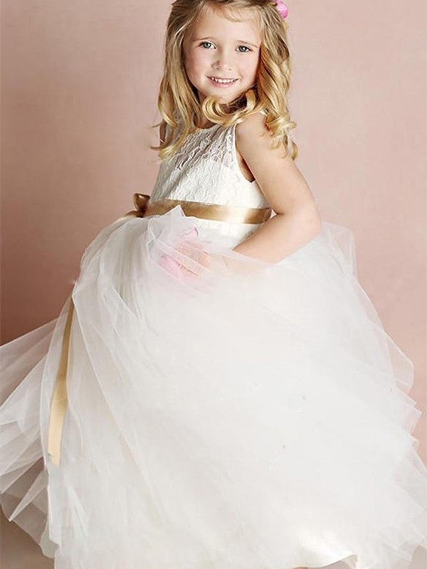 Floor-Length Sleeveless Sash/Ribbon/Belt Scoop Tulle A-Line/Princess Flower Girl Dresses