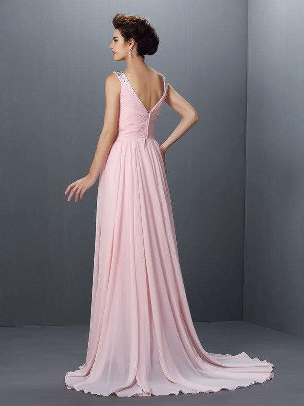 Sleeveless A-Line/Princess Beading Straps Long Chiffon Dresses