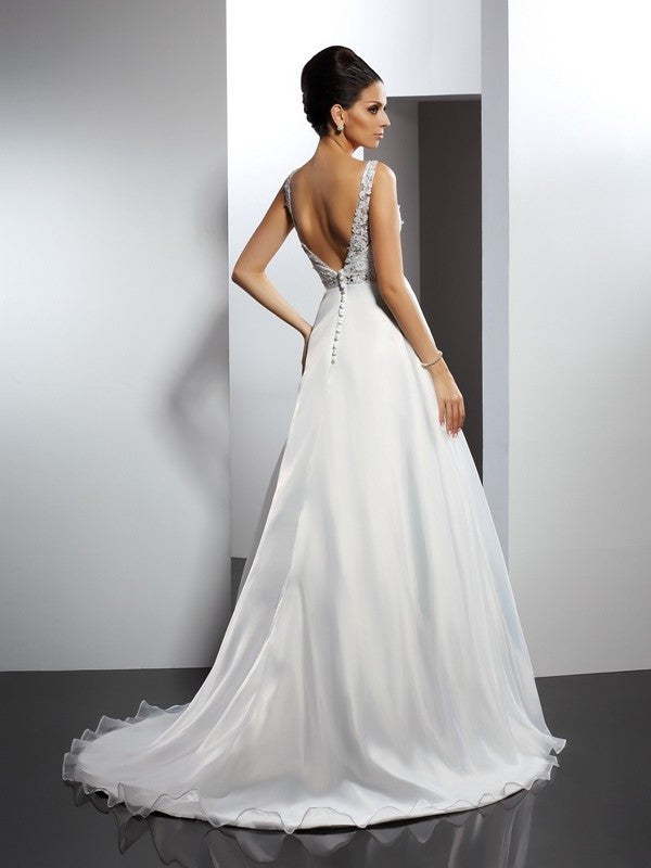 A-Line/Princess Sleeveless Long Ruffles Scoop Satin Wedding Dresses