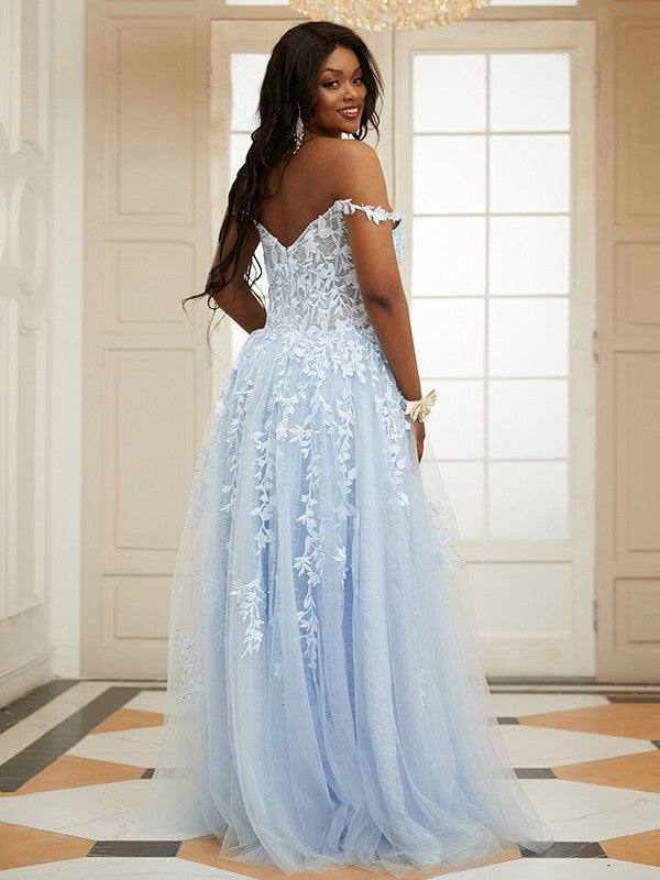 Sleeveless Off-the-Shoulder Tulle A-Line/Princess Applique Sweep/Brush Train Dresses