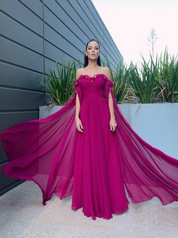 Long A-Line/Princess Sleeves Chiffon Floor-Length Ruffles Off-the-Shoulder Dresses