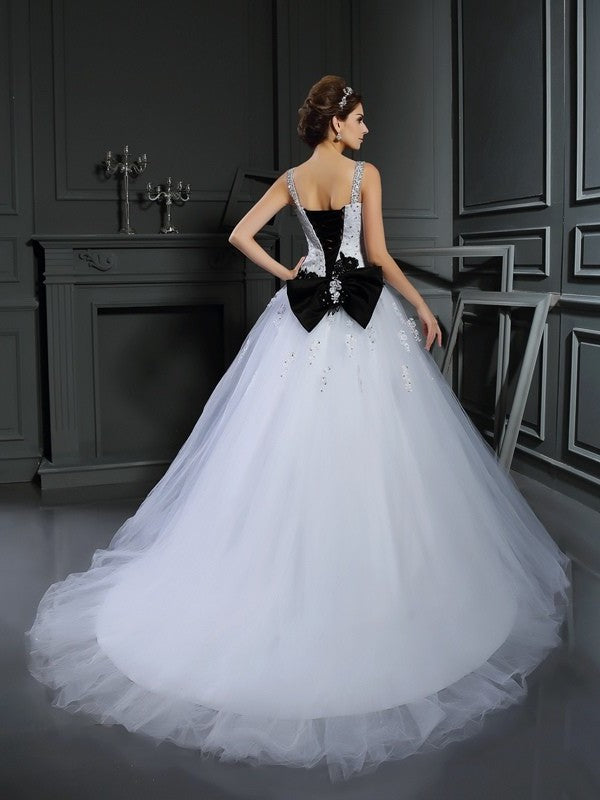 Ball Sleeveless Straps Long Beading Gown Tulle Wedding Dresses