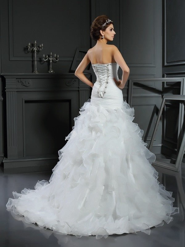 Ruffles Trumpet/Mermaid Long Sweetheart Sleeveless Organza Wedding Dresses