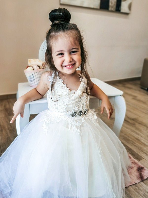 Sleeveless V-neck Lace Ankle-Length Tulle A-Line/Princess Flower Girl Dresses