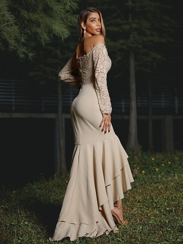 Trumpet/Mermaid Crepe Stretch Sleeves Off-the-Shoulder Long Lace Asymmetrical Bridesmaid Dresses