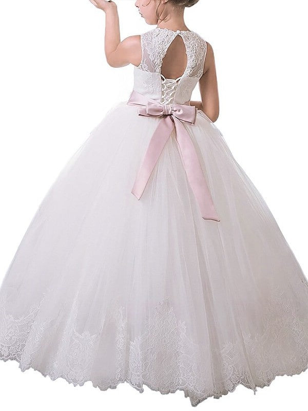 Tulle Scoop Floor-Length Sash/Ribbon/Belt Ball Gown Sleeveless Flower Girl Dresses