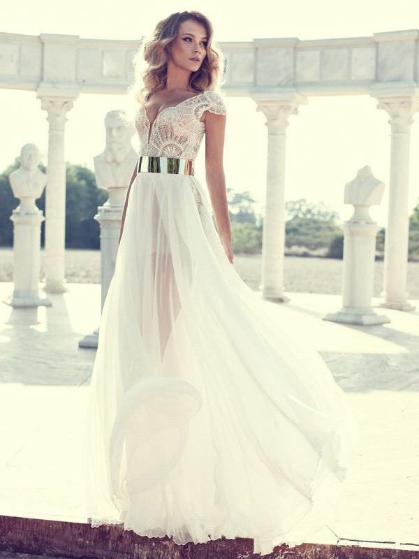 A-Line/Princess Lace V-neck Sleeves Short Floor-Length Chiffon Dresses