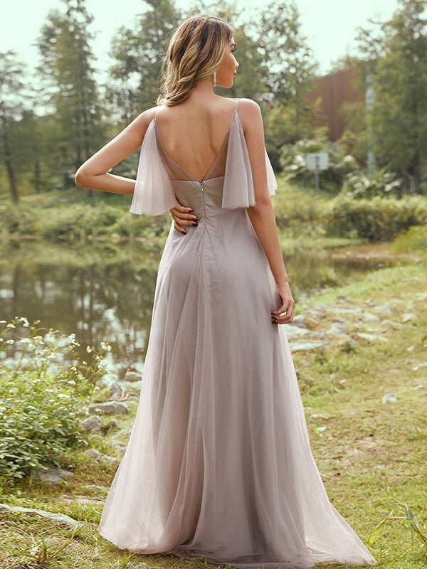 V-neck Tulle A-Line/Princess Ruffles Sleeveless Floor-Length Bridesmaid Dresses