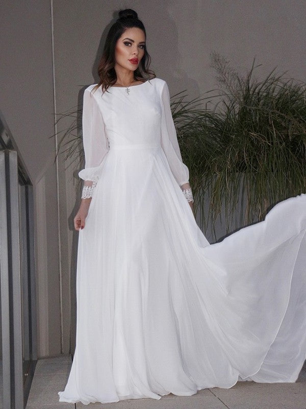 Sleeves Scoop Chiffon A-Line/Princess Sweep/Brush Ruffles Long Train Wedding Dresses