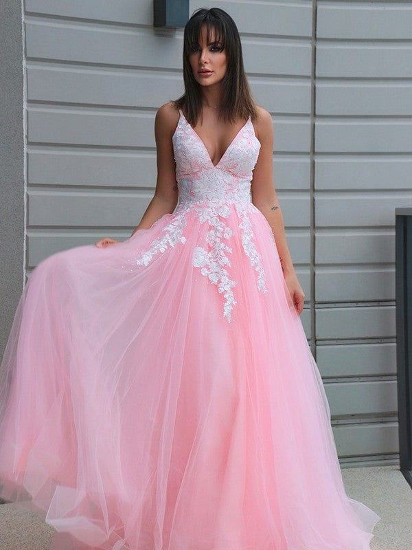 A-Line/Princess Tulle Applique V-neck Sleeveless Floor-Length Dresses