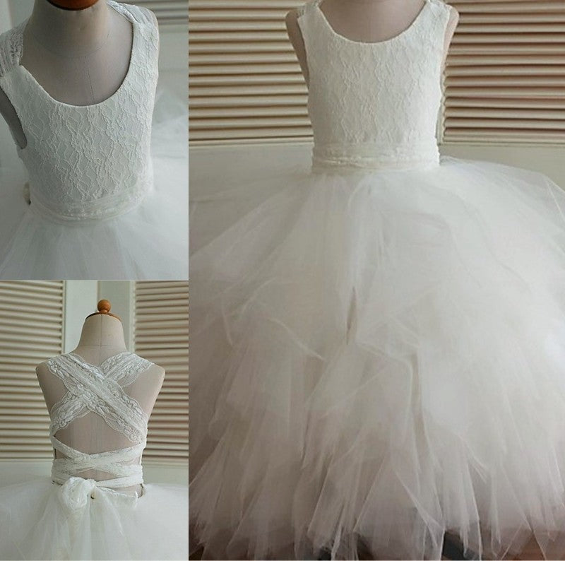 Gown Ball Ankle-Length Tulle Lace Sleeveless Scoop Flower Girl Dresses