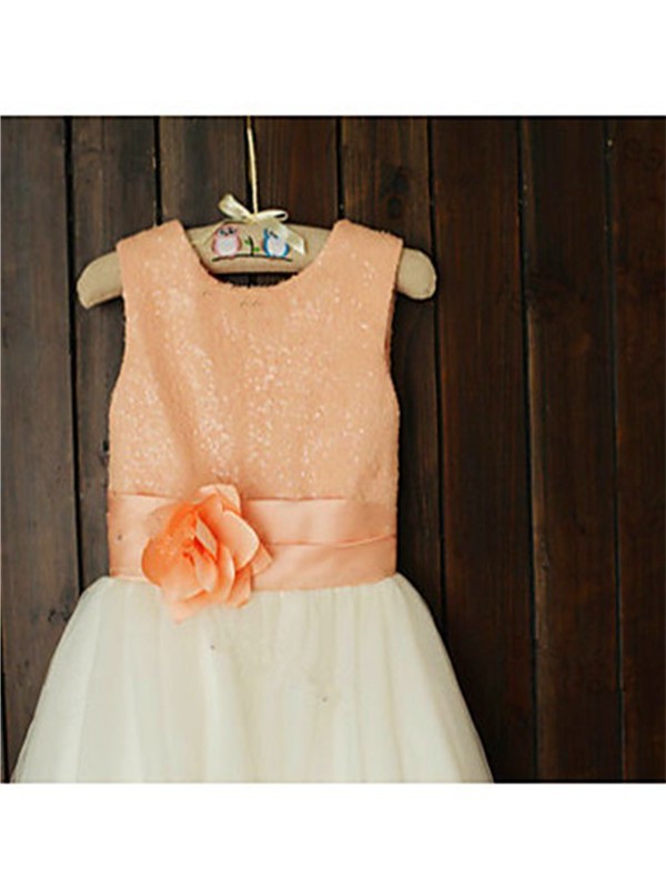 A-line/Princess Scoop Tulle Sleeveless Sequin Tea-Length Flower Girl Dresses