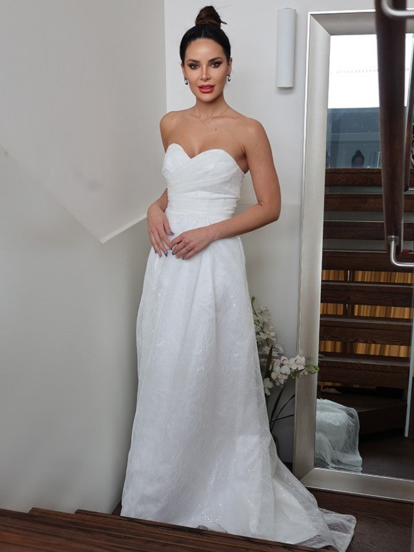 Sweetheart Sleeveless A-Line/Princess Ruched Sweep/Brush Train Wedding Dresses