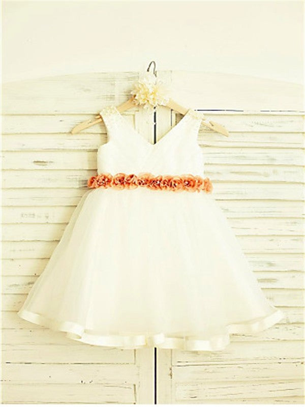 Hand-made Tea-Length A-line/Princess V-neck Flower Tulle Sleeveless Flower Girl Dresses