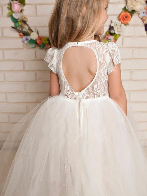 Tulle Short Lace Floor-Length A-Line/Princess Scoop Sleeves Flower Girl Dresses