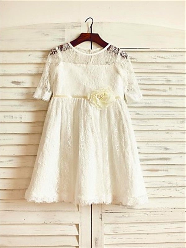 Lace Scoop A-line/Princess Ankle-Length Sleeves Hand-made 3/4 Flower Flower Girl Dresses