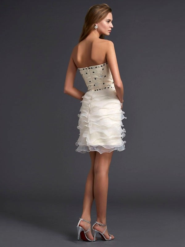 Beading Sheath/Column Sleeveless Short Strapless Tulle Homecoming Dresses