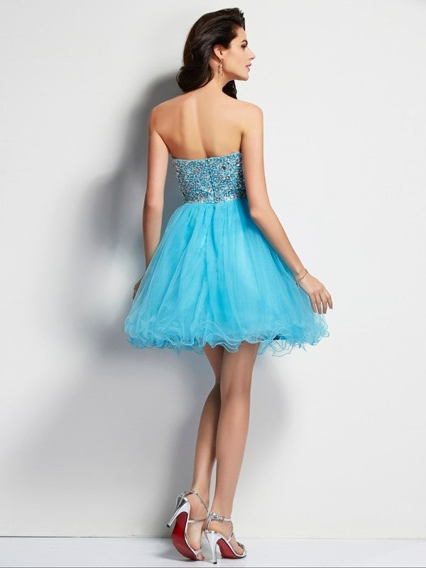 A-Line/Princess Sweetheart Short Beading Sleeveless Tulle Homecoming Dresses