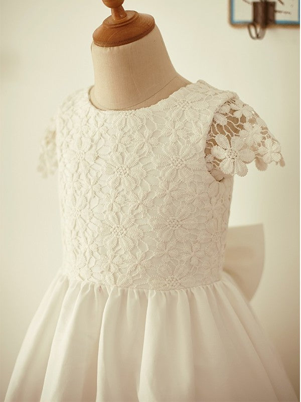 Lace Scoop Sleeves Short A-Line/Princess Knee-Length Bowknot Flower Girl Dresses