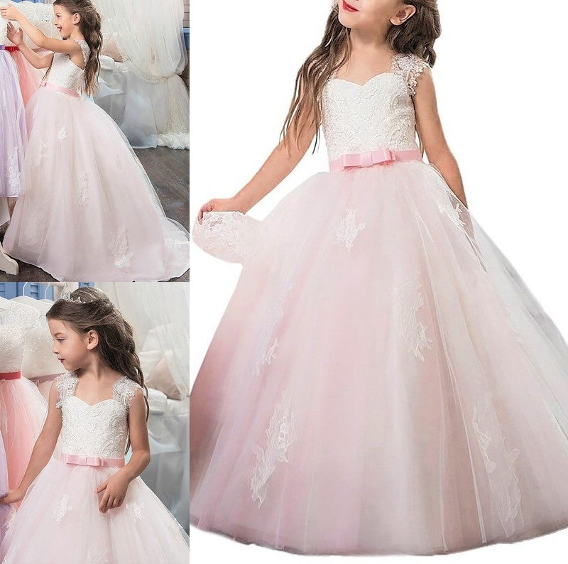 Sleeveless Floor-Length Tulle Gown Ball Bowknot Sweetheart Flower Girl Dresses