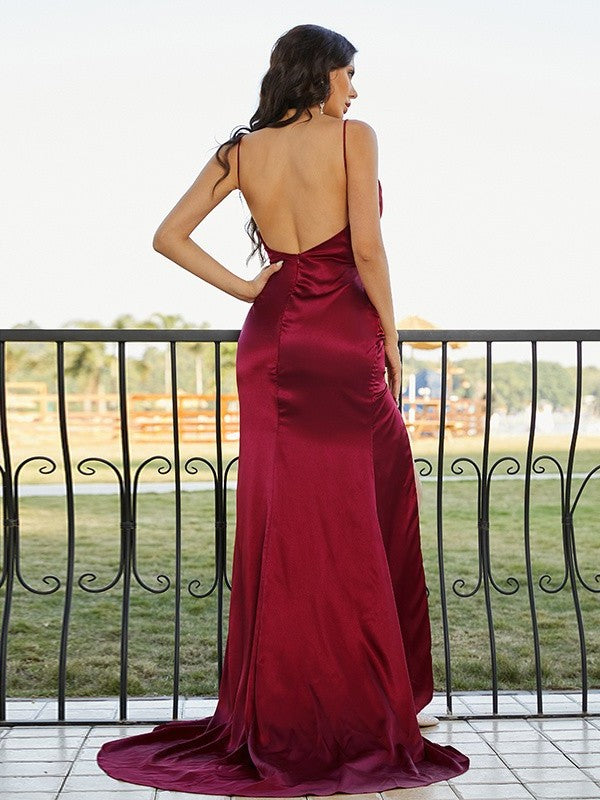 Sheath/Column Ruched like Sleeveless V-neck Silk Satin Sweep/Brush Train Dresses