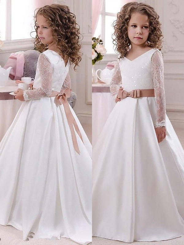 Floor-Length V-neck Sleeves Gown Long Lace Satin Ball Flower Girl Dresses