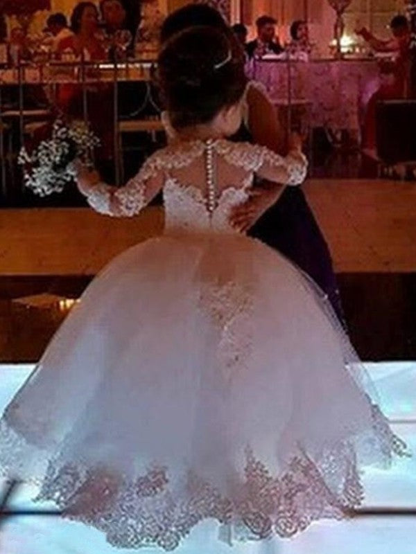 Applique Tulle Scoop Floor-Length Long Sleeves Ball Gown Flower Girl Dresses