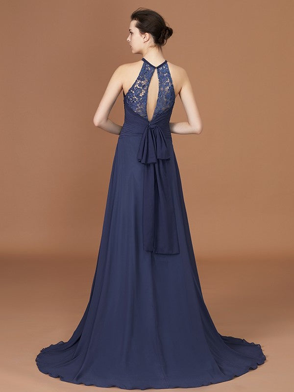 Train Sleeveless Chiffon Scoop Sweep A-Line/Princess Lace Bridesmaid Dress