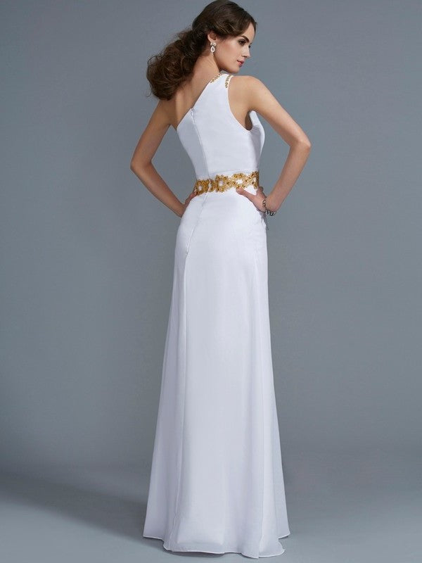 One-Shoulder Sheath/Column Beading Sleeveless Long Chiffon Dresses