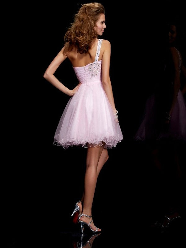 Sleeveless Beading Woven Elastic A-Line/Princess Short One-Shoulder Satin Homecoming Dresses