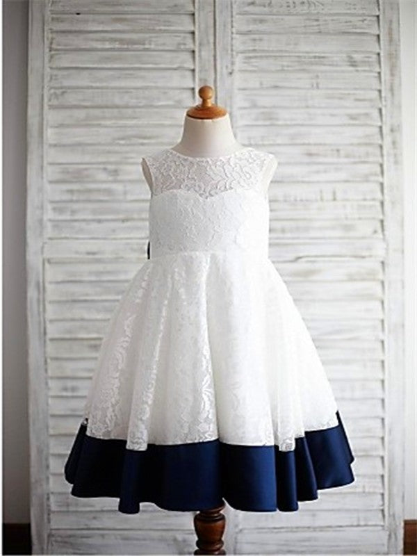 A-line/Princess Lace Sleeveless Bowknot Scoop Tea-Length Flower Girl Dresses