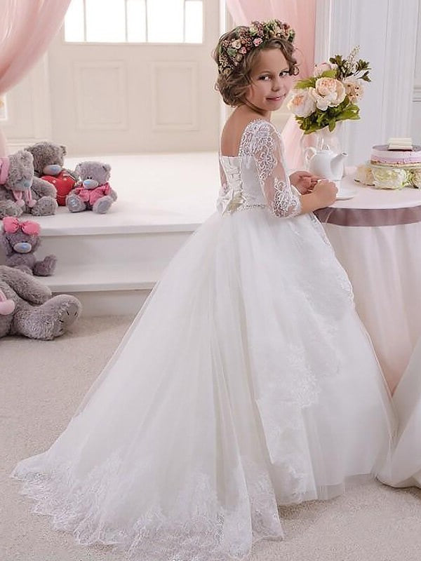 Lace Sleeves Long Sweep/Brush Train Ball Satin Jewel Gown Flower Girl Dresses